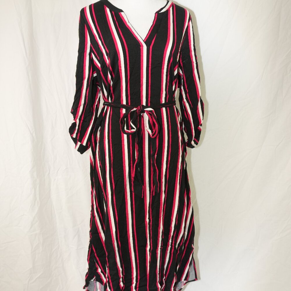 LNC Dress with Tie Belt Torrid Womens Size 1 Striped Midi Black Pink White Cream